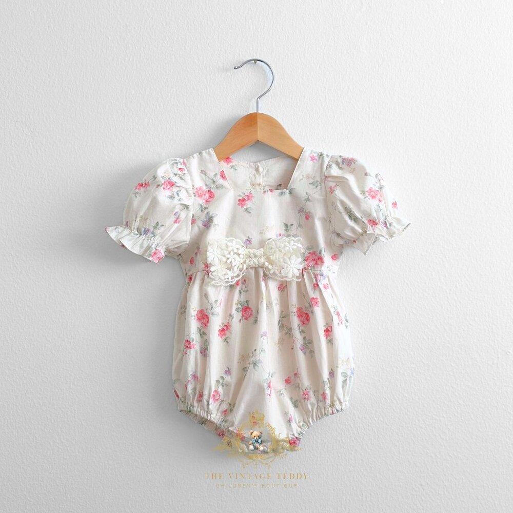 NWT Pretty Girls Floral Romper Bubble One-Piece & Headband Set Cream & Pink 3-6M